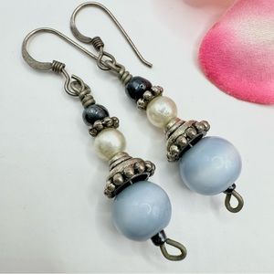 Silver Bali Style Blue Moonglow Bead Dangle Earrings Boho Bohemian Artisan